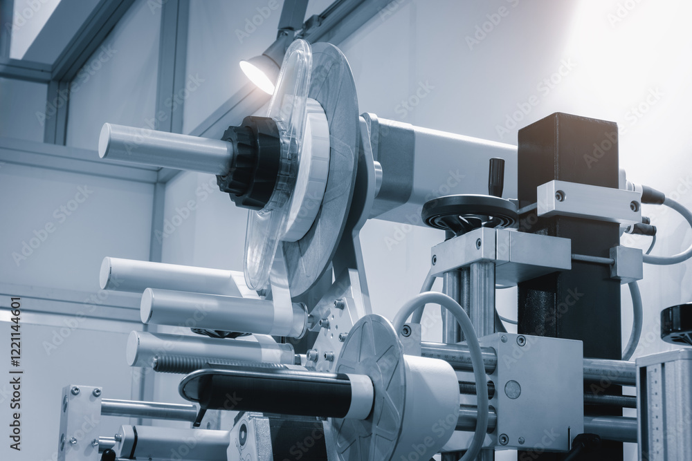Poster fragment of the conveyor of sticking labeling machine. abstract industrial background.
