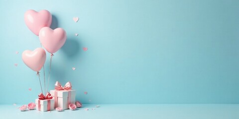 Pink Heart Balloons and Gift Boxes on Pastel Blue Background