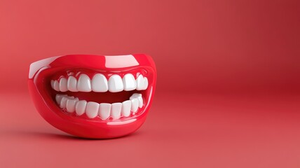 Red plastic dentures on red background, showing white teeth