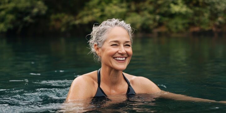 Smiling woman immersed in cold water up to her shoulders surrounded by lush greenery. Natural light highlights her peaceful expression and wet hair as she enjoys the moment
