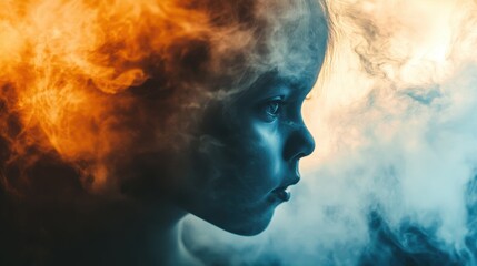 Scary child face in industrial smoke close up focus on copy space haunting vivid hues double exposure silhouette with pollution theme..