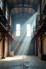 Sunbeams Illuminate Industrial Interior Space Dusty Light Through High Windows in a Large, Aged Warehouse