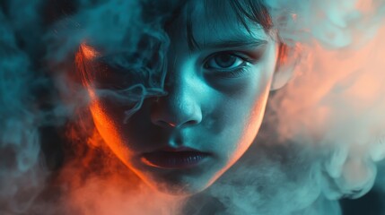 Fototapeta premium Scary child face in industrial smoke close up focus on copy space haunting vivid hues double exposure silhouette with pollution theme..