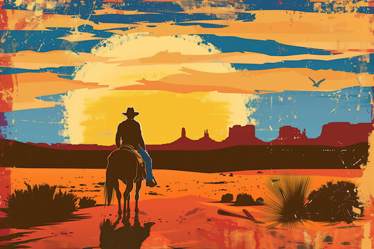 American cowboy outlaw gunslinger in the Wild West frontier of Texas shooting a revolver gun in the style of a vintage distressed painting retro poster, retro USA stock illustration image