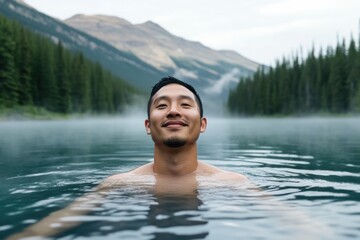 A man in his 30s experiences the calming effects of cold water therapy while half-submerged in a mountain lake. Misty mountains and lush forests enhance the tranquil morning atmosphere
