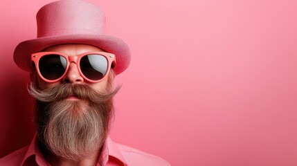 An artistic portrait of a man with a striking beard, wearing oversized pink sunglasses and a matching sparkly hat, showcasing a unique blend of style and confidence.