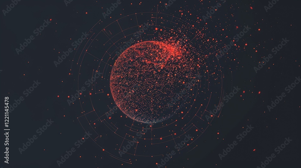 Poster abstract digital visualization with orange and red particles on a dark background. digital artwork o