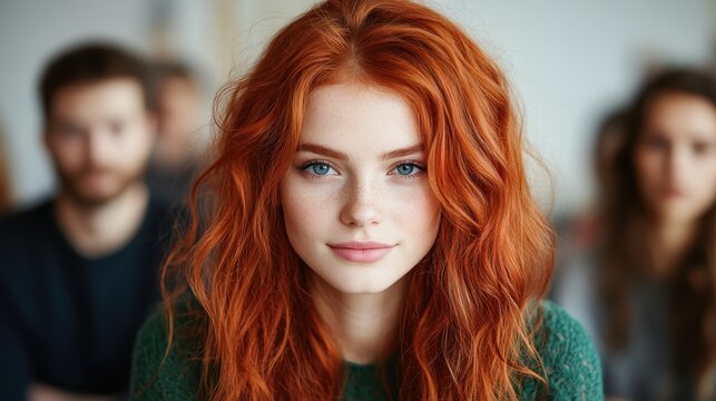 This stunning image showcases a radiant redhead with expressive features and a bright smile, accentuated by a classroom environment filled with engaged peers.
