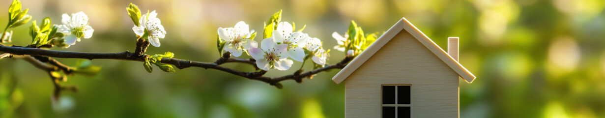 Obraz premium Small bird house banner in spring setting with copy space