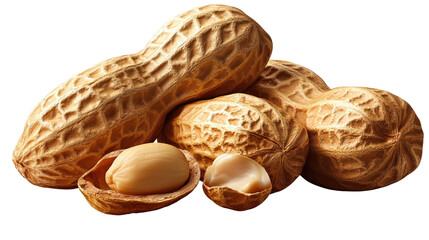 Peanuts in Shell: Close-up shot of several whole peanuts in their shells, with one partially cracked open to reveal the creamy peanut inside. The shells are a rich, earthy brown.