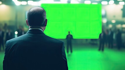 Fototapeta premium Man in Suit Observes Large Green Screen Presentation
