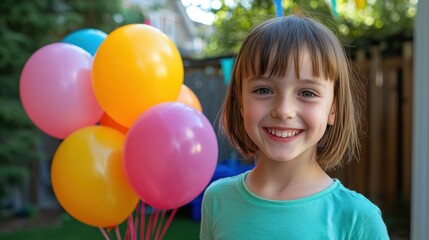 A child holding a bunch of birthday balloons during a backyard celebration.