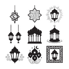 Islamic lantern light vector silhouette, Ramadan Islamic lanterns vector illustration Lantern Icon, Black and White, Traditional Lighting Design Islamic lantern element set for ramadan in silhouettes.