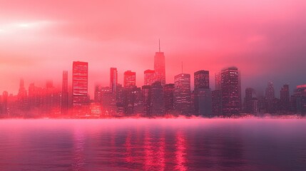Fototapeta premium Skyline engulfed in reddish smog at twilight, surreal tones reflecting severe air pollution, [urban haze], [air quality challenges].