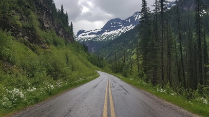 Fototapeta premium Scenic Snow-Covered Road with Towering Peaks