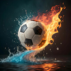 Naklejka premium soccer ball on fire rotating with water splash