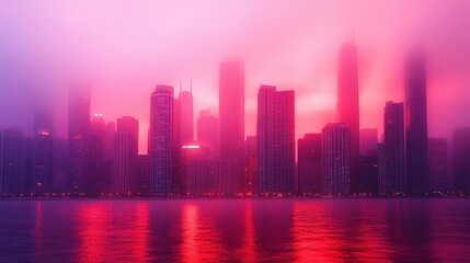 Fototapeta premium Skyline engulfed in reddish smog at twilight, surreal tones reflecting severe air pollution, [urban haze], [air quality challenges].
