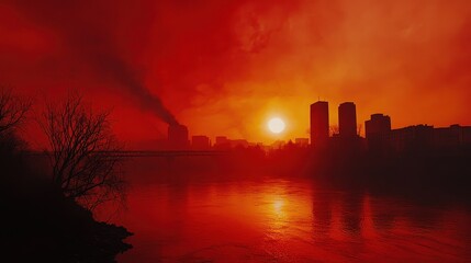 Skyline engulfed in reddish smog at twilight, surreal tones reflecting severe air pollution, [urban haze], [air quality challenges].