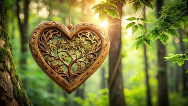 Wooden heart-shaped tree branch with intricate carvings and natural foliage in a serene forest setting, symbolizing enduring love and connection , nature, background