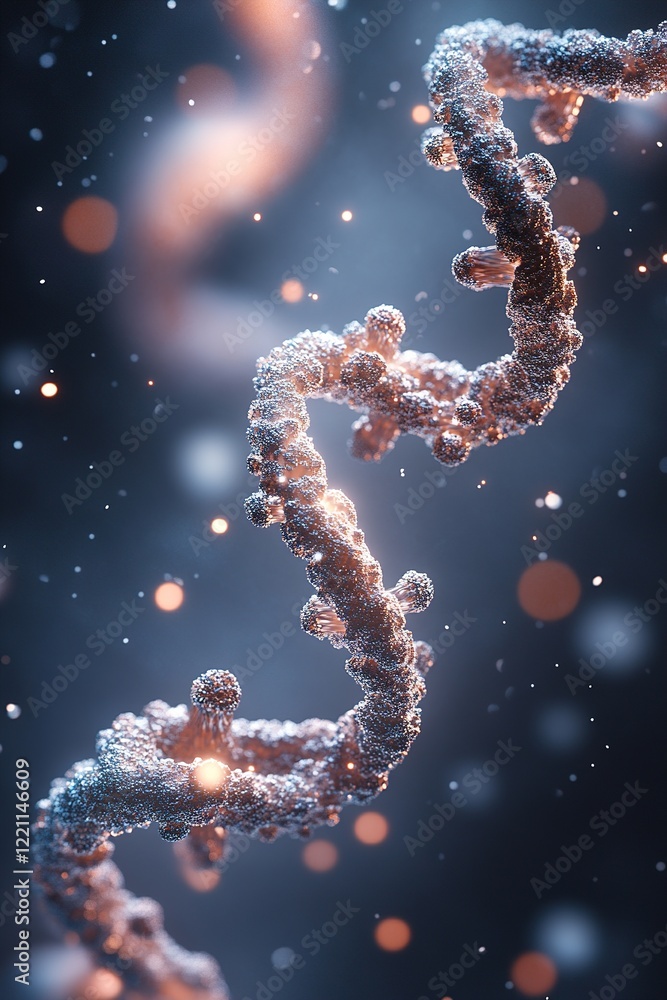 Poster dna strands are artistically intertwined with luminescent virus particles, set against a dark gradie