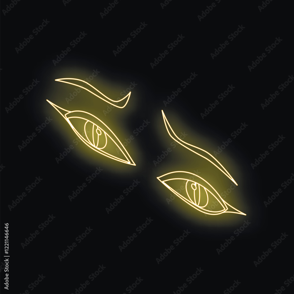 Poster neon glowing eyes staring intensely from the darkness, creating a mysterious and intriguing atmosphe