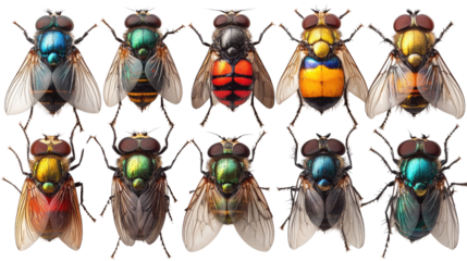 A Kaleidoscope of Flies: Ten vibrant, intricately detailed flies showcase a dazzling array of colors and textures. A captivating study of nature's diversity.