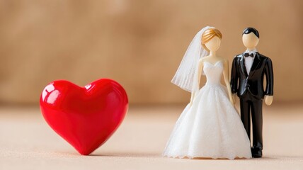 Bride and groom figurines with red heart, wedding concept