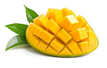 Fresh Mango Pieces with Green Leaves on White Background