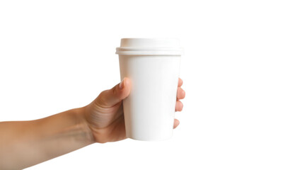 A person holding a white disposable cup against a solid black backdrop in a studio setting