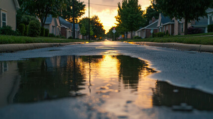 Obraz premium Summer Evening After Rainstorm in a Suburban Neighborhood with Reflective Puddles