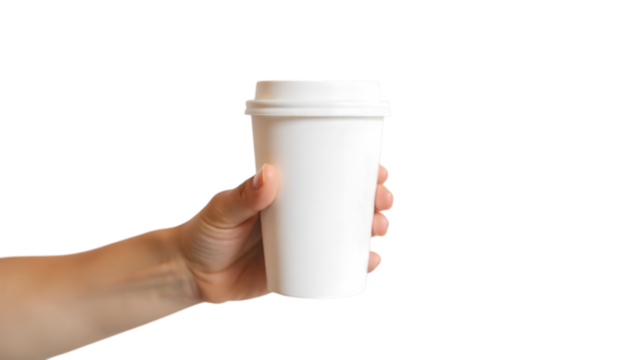 A person holding a white disposable cup against a solid black backdrop in a studio setting