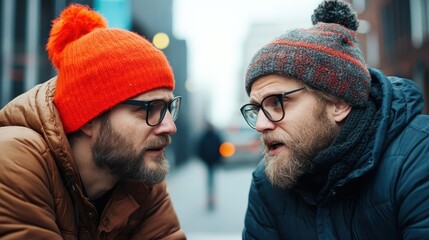 Two bearded men wearing winter hats share a conversation in the city, capturing a moment of engagement and connection against the backdrop of urban life.