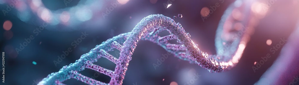 Poster a dynamic dna helix flows gracefully, intertwined with radiant vein-like forms in teal and purple, s