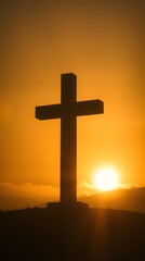 a stylized, minimalist mountain peak scene. a golden cross atop a geometric mountain peak, bathed in warm, golden light, similar to the light of a setting or rising sun. the mountain, sculpted from li