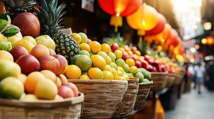 Chinese New Year gift stall highlighting the perfect choice of seasonal fruits for holiday presents.