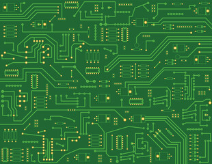 A detailed illustration of a green circuit board, showcasing complex technological circuitry.