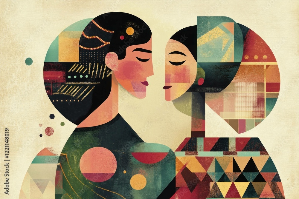 Poster abstract illustration of two women in vibrant colors, symbolizing friendship and connection through 
