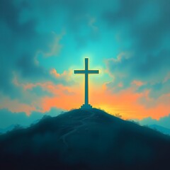 a stylized, minimalist mountain peak scene. a golden cross atop a geometric mountain peak, bathed in warm, golden light, similar to the light of a setting or rising sun. the mountain, sculpted from li