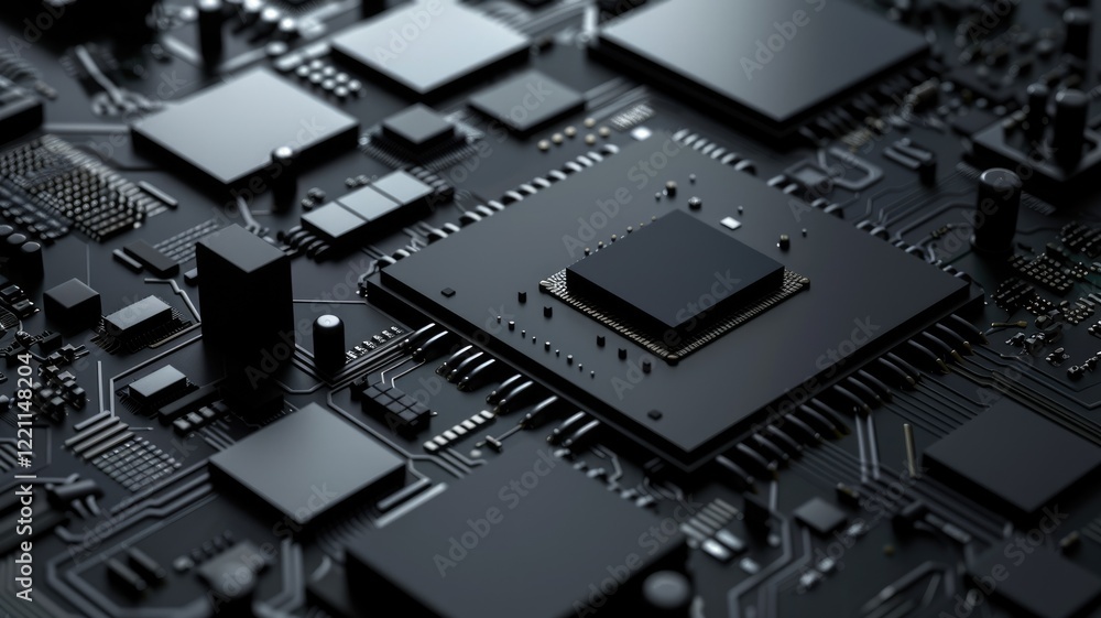 Poster close up of a circuit board with metallic material. macro photography of motherboard or microchip or