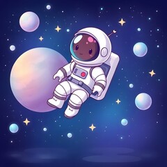 astronaut floating in space, orange-toned, hyperrealistic, two planets, one large orange-red planet, one smaller, darker planet, stars and light bursts, detailed space suit on astronaut, sunlight glar