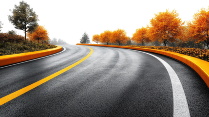 Curving Road through Autumnal Landscape: A winding asphalt road stretches into a misty distance, framed by trees adorned in vibrant autumn hues.