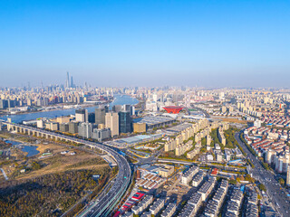 Aerial View of Shanghai skyline with the Winding Huangpu River