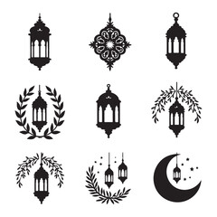Islamic lantern light vector silhouette, Ramadan Islamic lanterns vector illustration Lantern Icon, Black and White, Traditional Lighting Design Islamic lantern element set for ramadan in silhouettes.
