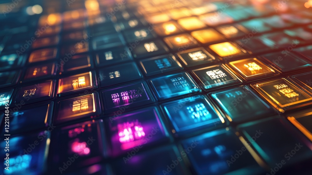 Poster close-up of illuminated digital interface with colorful lights