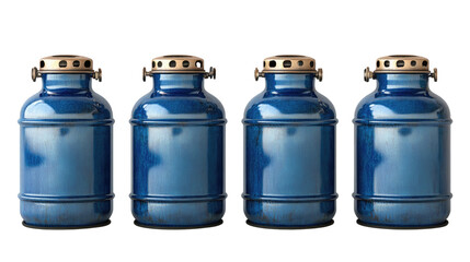 Four Blue Oil Lamps: A row of four blue oil lamps with gold trim stands in a minimalist composition, offering a timeless symbol of warmth, comfort, and enduring tradition.