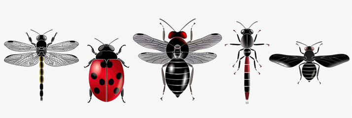 A vibrant vector illustration insect set , Red and Silhouette of such as : ladybug and others on a white background, unique vector icon set