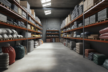 Bright and modern warehouse with large shelves filled with building materials like metal rods, bags of cement, and tile boxes, clean concrete floors.
