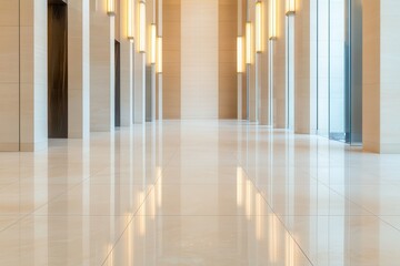 Obraz premium Luxury hotel interiors with exclusive lighting. Modern hallway with polished floor and ambient lighting.