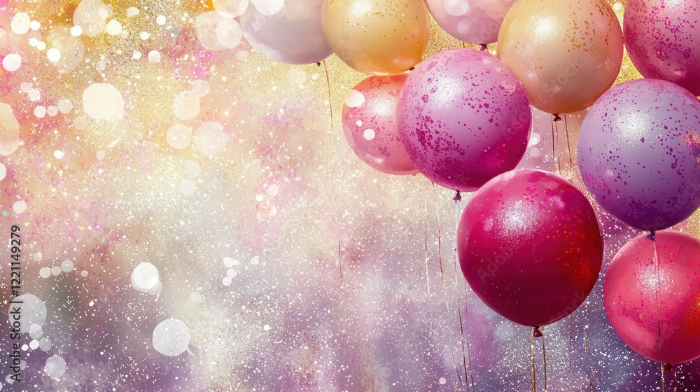 Poster a festive backdrop featuring balloons of various colors and shapes with sparkles.