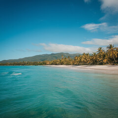 Tropical paradise with calm sea and vibrant greenery